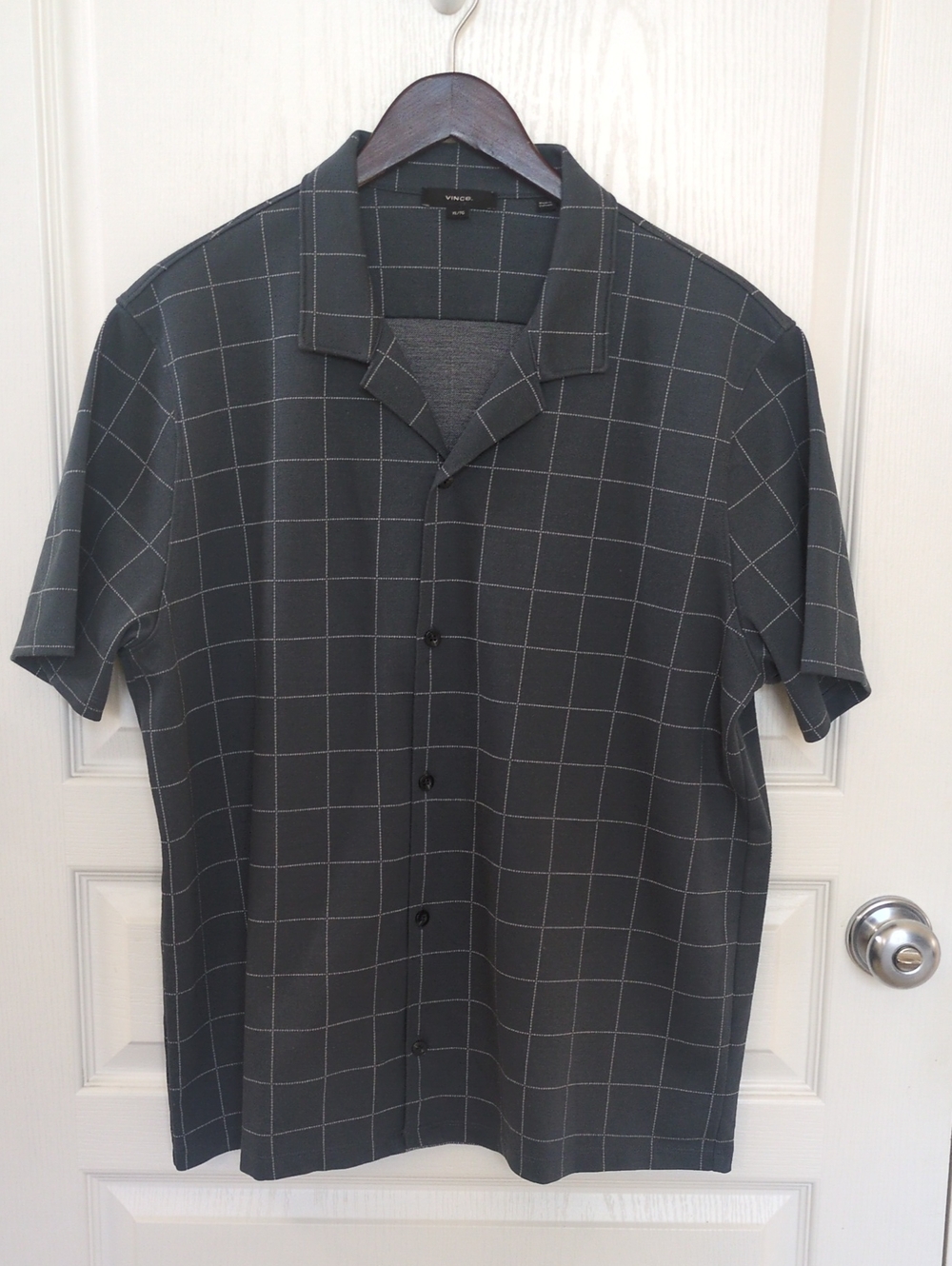 Vince Men's Dark Gray Windowpane Short-Sleeve Knit Button-Down Shirt
